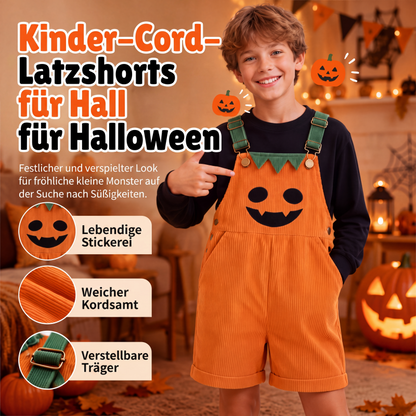 Kurze Kinder-Kord-Latzhose mit Halloween-Kürbismotiv, Trägern und Taschen