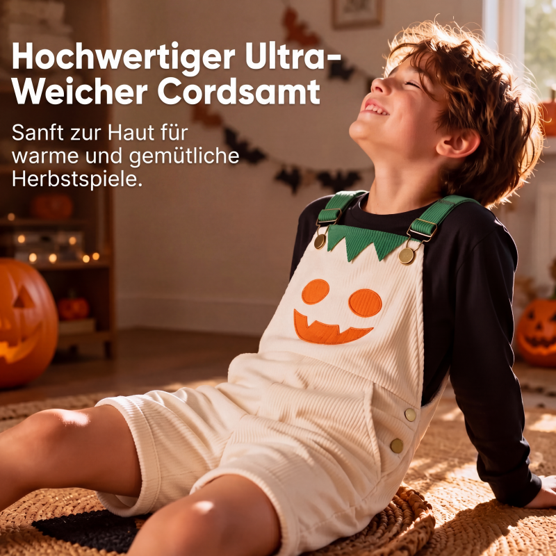 Kurze Kinder-Kord-Latzhose mit Halloween-Kürbismotiv, Trägern und Taschen