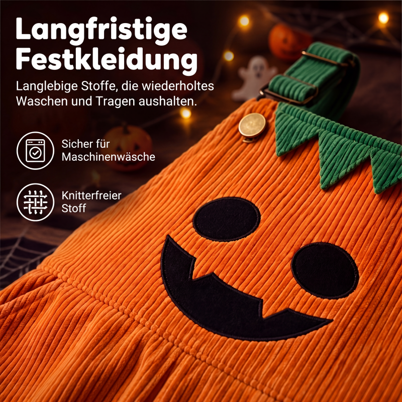 Kurze Kinder-Kord-Latzhose mit Halloween-Kürbismotiv, Trägern und Taschen