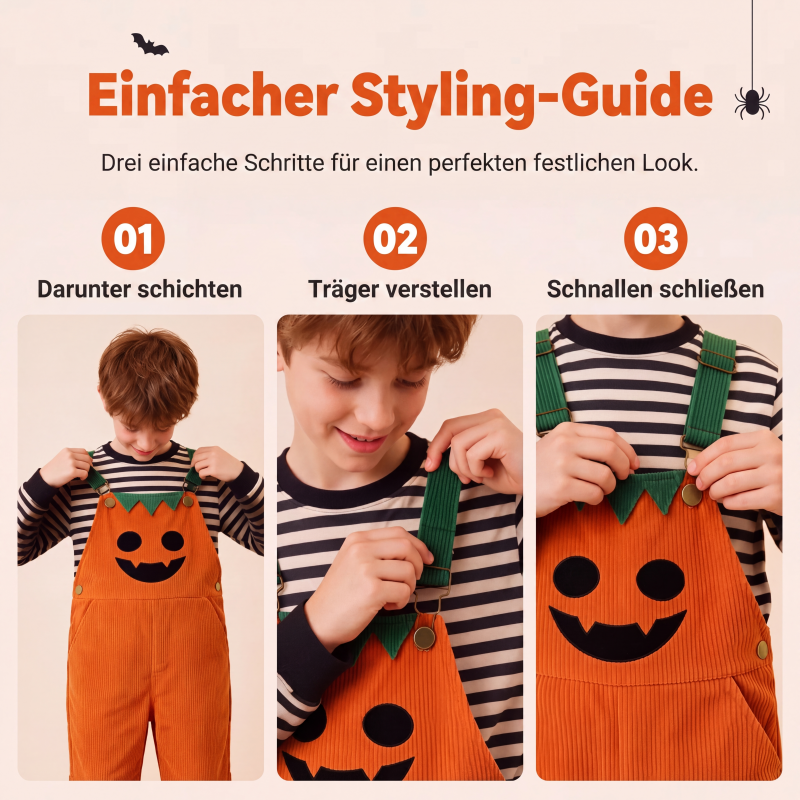 Kurze Kinder-Kord-Latzhose mit Halloween-Kürbismotiv, Trägern und Taschen