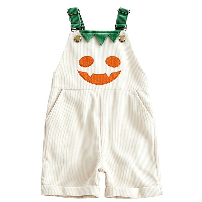 Kurze Kinder-Kord-Latzhose mit Halloween-Kürbismotiv, Trägern und Taschen