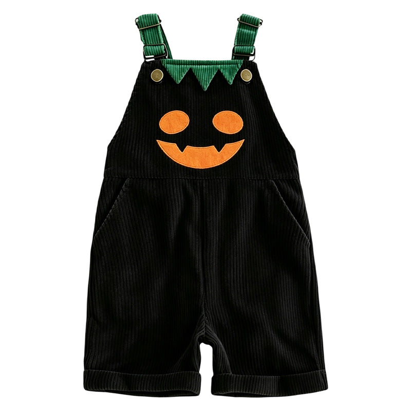 Kurze Kinder-Kord-Latzhose mit Halloween-Kürbismotiv, Trägern und Taschen