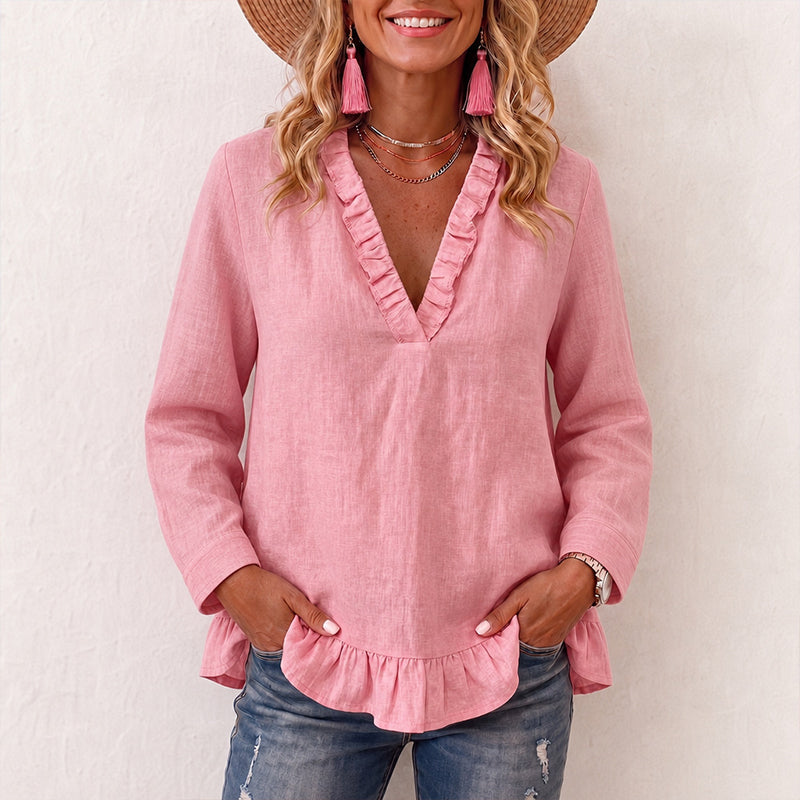 Damen-Bluse mit Rüschen und V-Ausschnitt