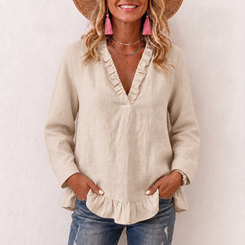 Damen-Bluse mit Rüschen und V-Ausschnitt