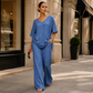 Legeres Damen-Set aus V-Ausschnitt-Oberteil und weitem Bein-Hose