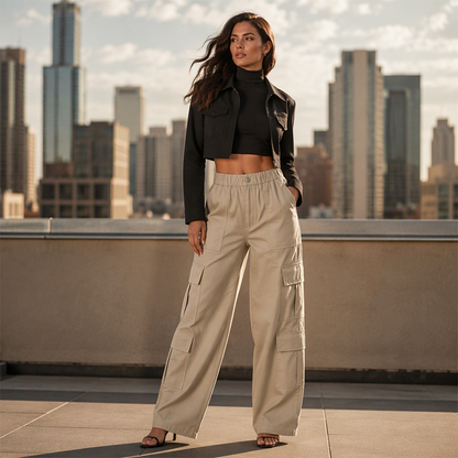 Damen-Cargohose mit hoher Taille, lockerer Passform, geradem Bein und praktischen Taschen