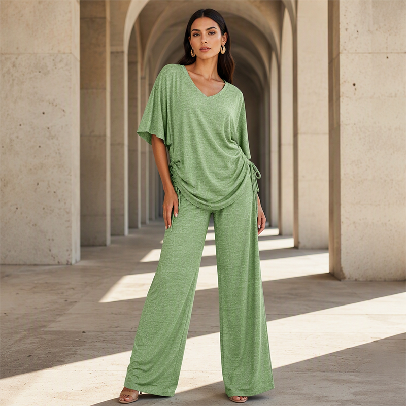 📢📢50%Rabatt!!!🎉✨Legeres Damen-Set aus V-Ausschnitt-Oberteil und weitem Bein-Hose