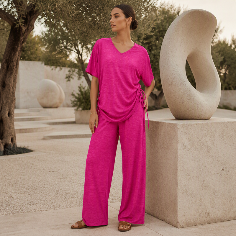 📢📢50%Rabatt!!!🎉✨Legeres Damen-Set aus V-Ausschnitt-Oberteil und weitem Bein-Hose