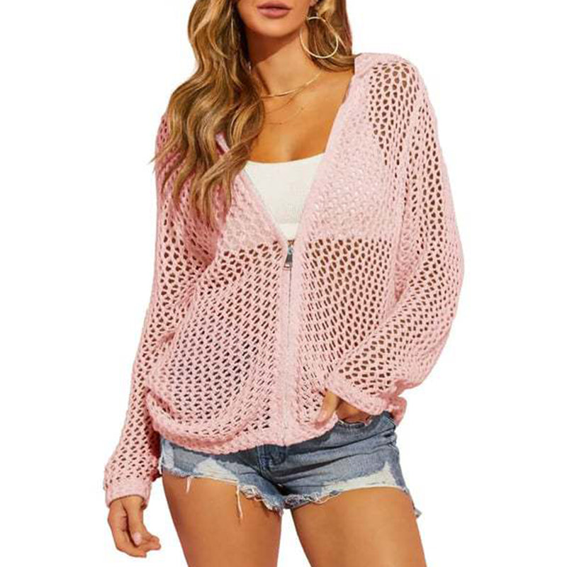 🌸☀️ 2026 Damen Open-Knit-Zip-Cardigan | Leichter Longsleeve-Pullover mit Hohleffekt für Frühling & Sommer