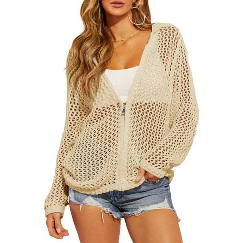 🌸☀️ 2026 Damen Open-Knit-Zip-Cardigan | Leichter Longsleeve-Pullover mit Hohleffekt für Frühling & Sommer