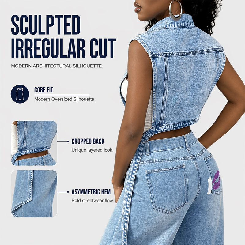 Ärmelloses Jeanskleid im Gilet-Stil mit hohem Schlitz für Damen