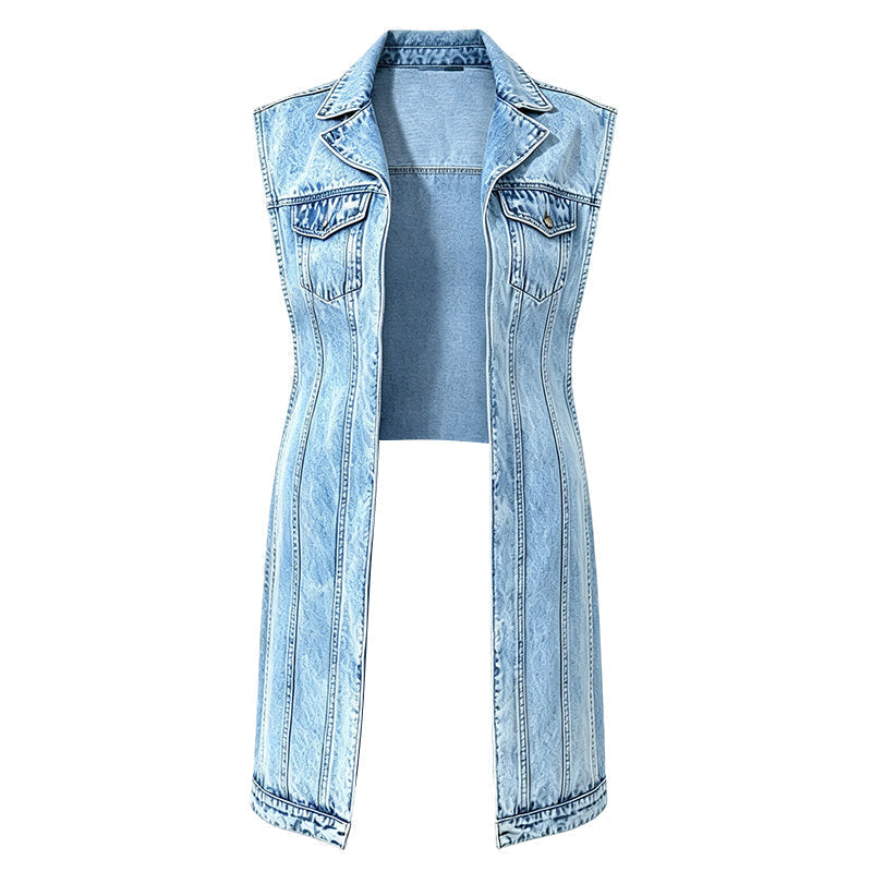Ärmelloses Jeanskleid im Gilet-Stil mit hohem Schlitz für Damen