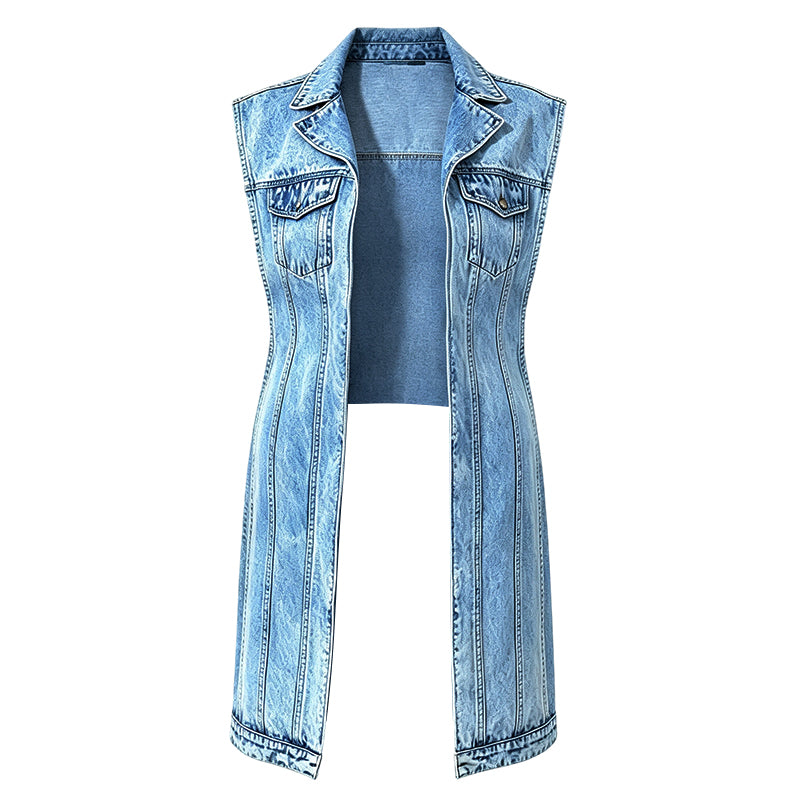Ärmelloses Jeanskleid im Gilet-Stil mit hohem Schlitz für Damen