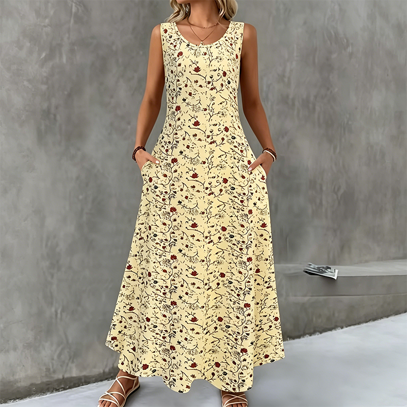 📢📢50%Rabatt!!!👗🌸 Ärmelloses A-Linien-Maxikleid mit Taschen