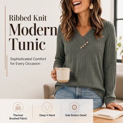 📢📢50%Rabatt!!!🎉✨Damen Geripptes Strick V-Ausschnitt Top mit Dekorativen Knöpfen
