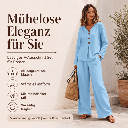 📢📢50%Rabatt!!!🎉✨Damen-Set mit V-Ausschnitt, langärmligem Oberteil und weitem Bein