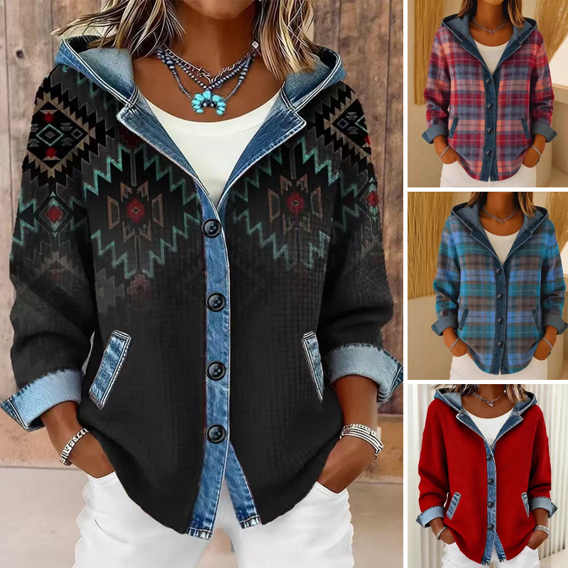 📢📢50%Rabatt!!!🎉✨Damen Denim Patchwork Kapuzenjacke