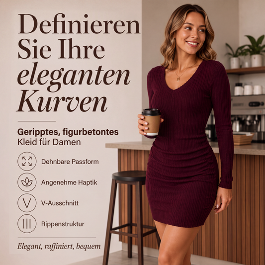 📢📢50%Rabatt!!!🎉✨Elegantes geripptes Strickkleid mit V-Ausschnitt für Damen