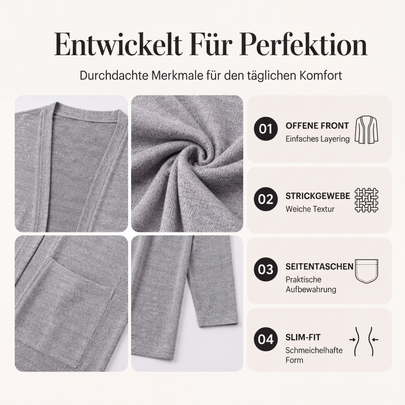🧶 50 % RABATT – Lässige Damen-Cardigan mit offener Vorderseite & Taschen | Gemütlicher Layering-Look für jeden Tag ✨
