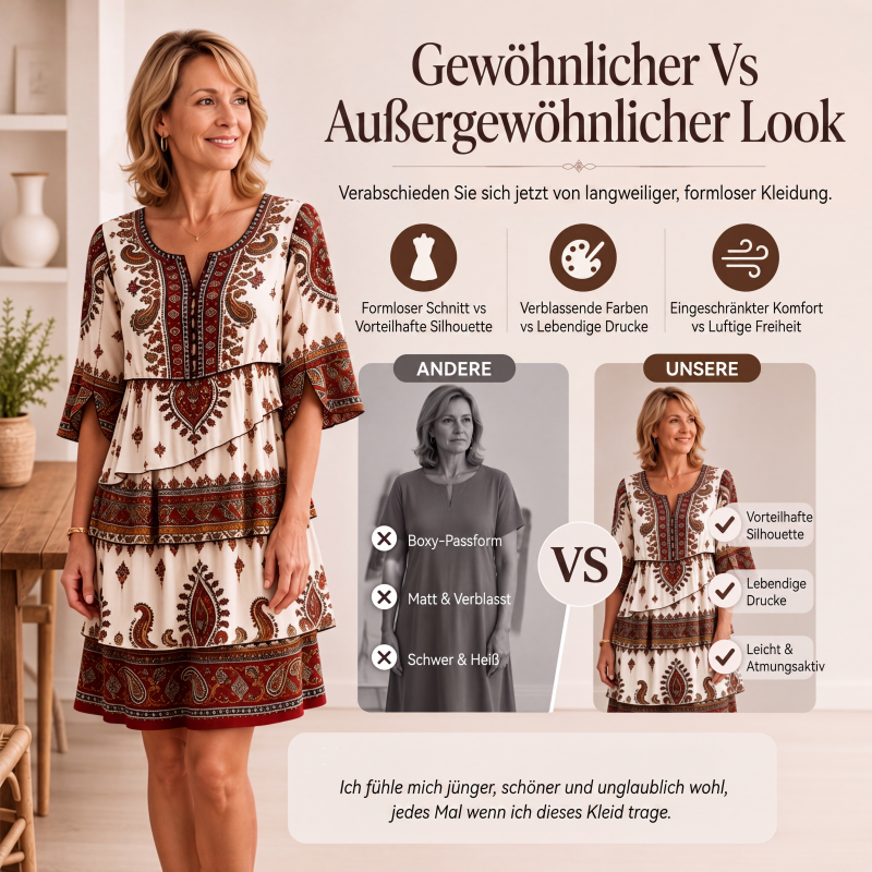 🌸 50 % RABATT – Damen Vintage Ethno-Print Stufenkleid | Boho-Eleganz trifft auf luftigen Komfort ✨