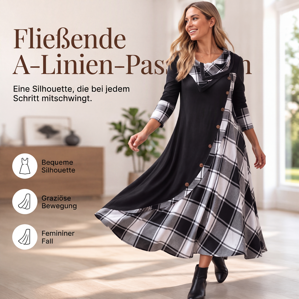 📢📢50%Rabatt!!!🎉✨Damen Maxikleid mit Karomuster und Kragen im Patchwork-Stil