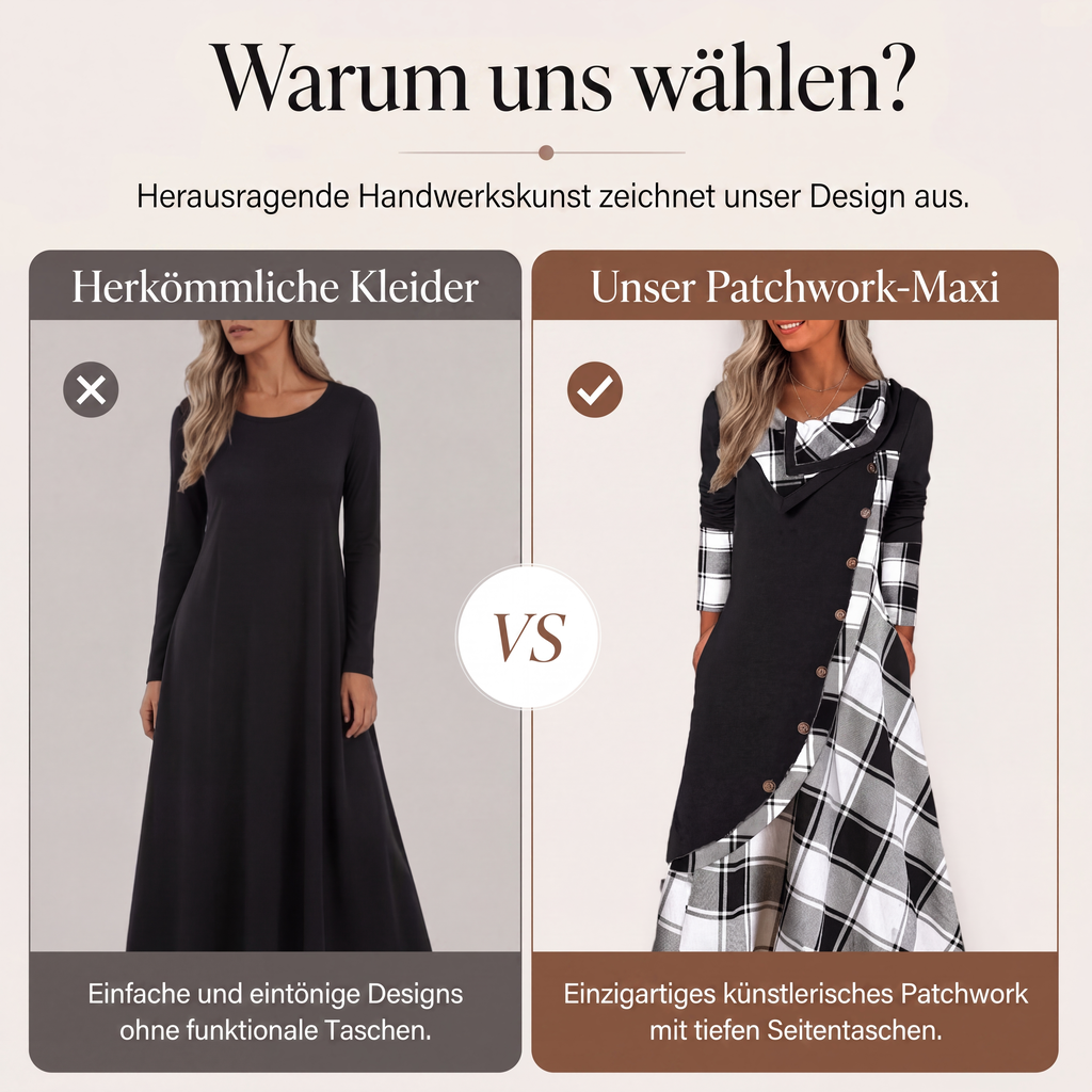 📢📢50%Rabatt!!!🎉✨Damen Maxikleid mit Karomuster und Kragen im Patchwork-Stil