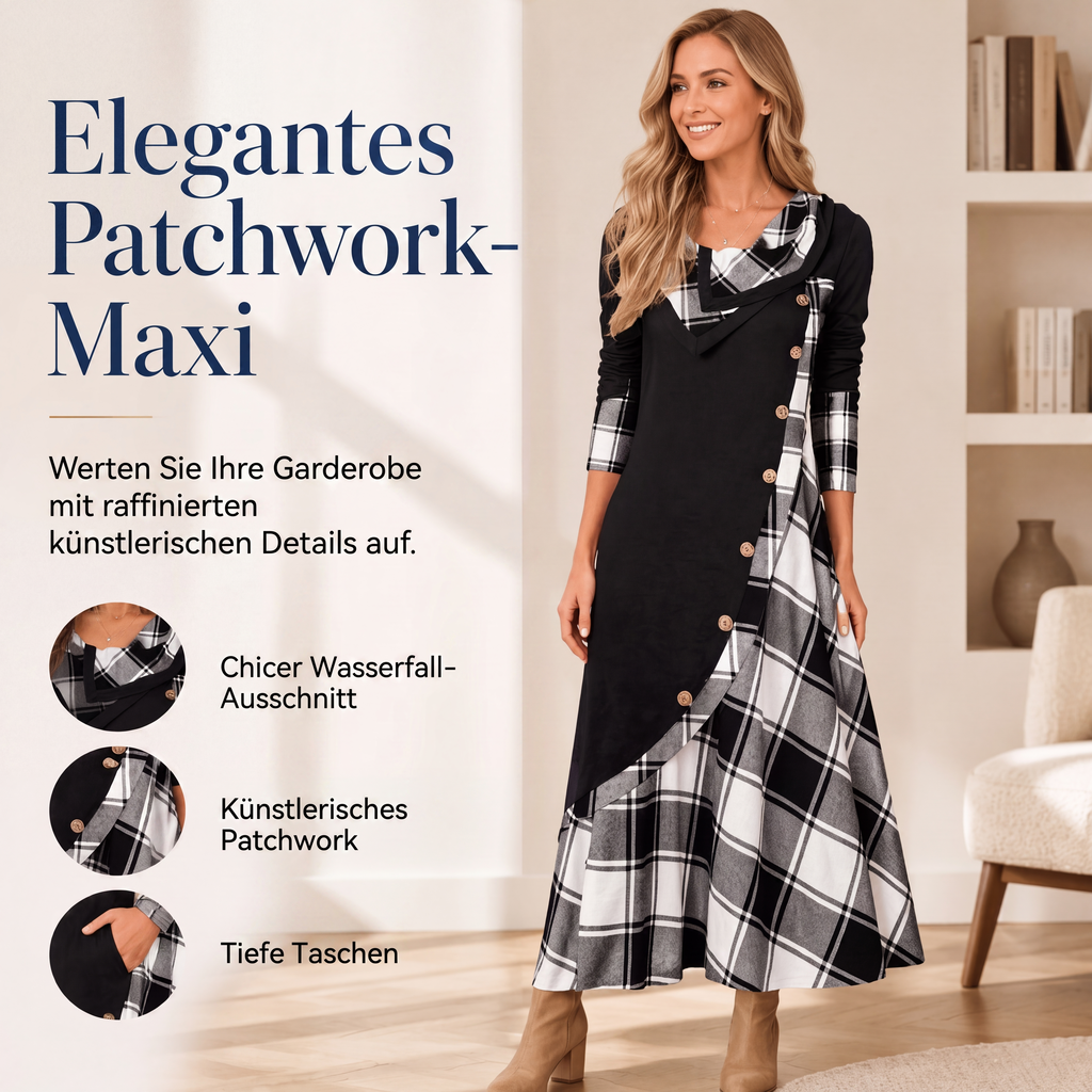 📢📢50%Rabatt!!!🎉✨Damen Maxikleid mit Karomuster und Kragen im Patchwork-Stil