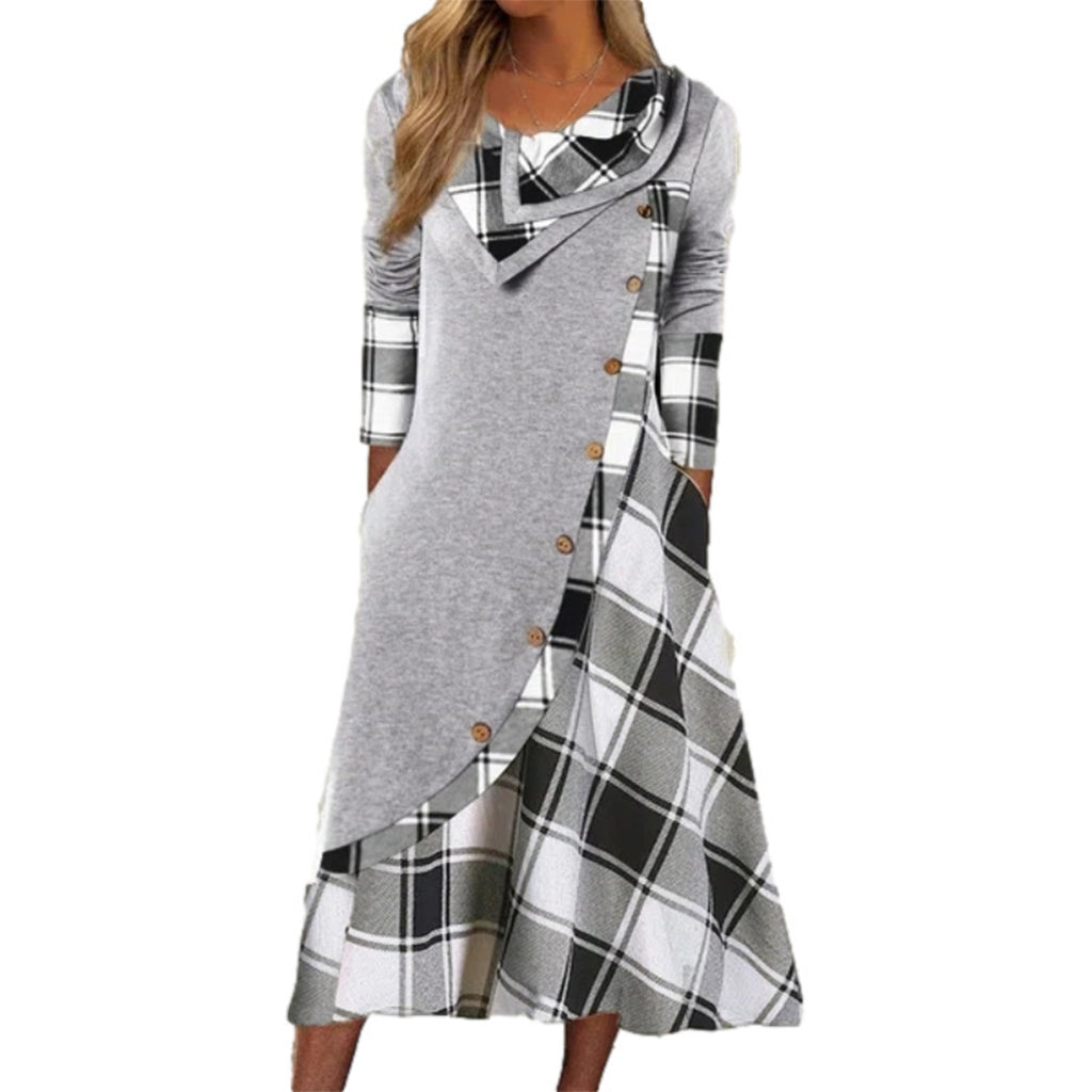 📢📢50%Rabatt!!!🎉✨Damen Maxikleid mit Karomuster und Kragen im Patchwork-Stil