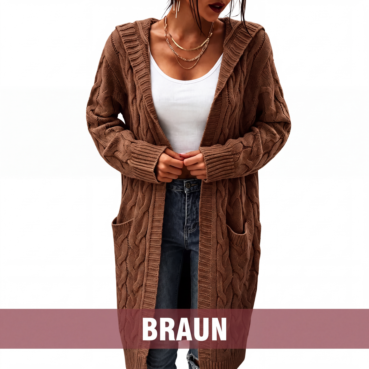 📢📢50 % Rabatt！🎉Lange Strickjacke mit Kapuze und Taschen für Damen