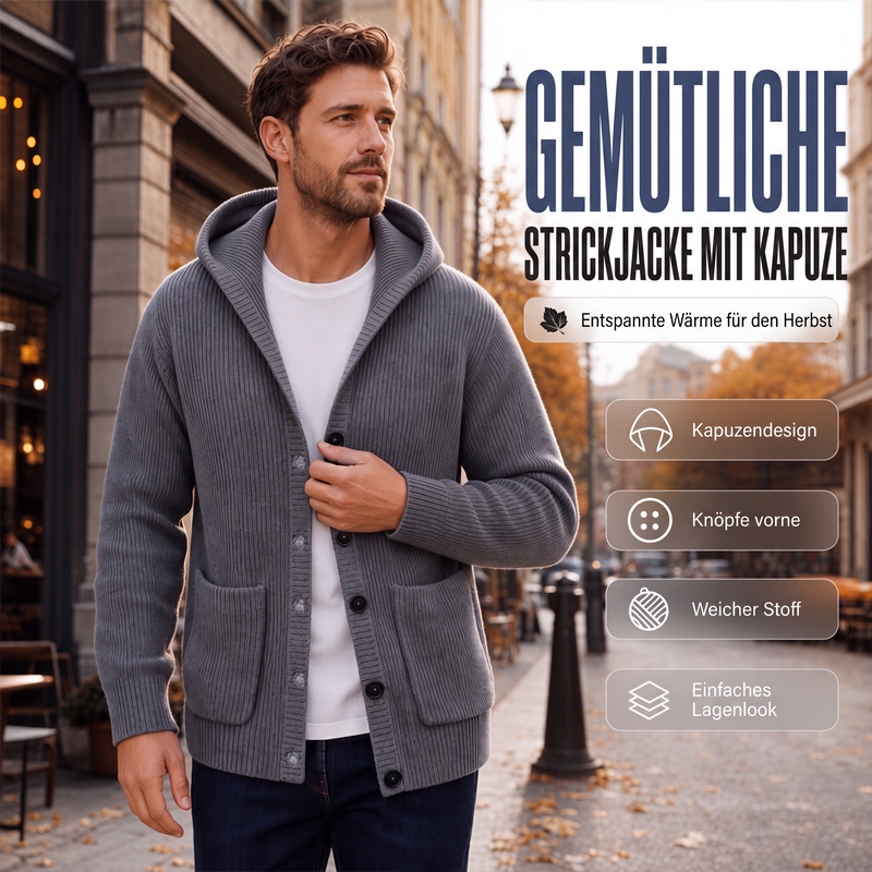 📢📢50%Rabatt!!!🎉✨Gestrickte Kapuzenstrickjacke für Herren, lässige, lockere Strickjacke mit Knöpfen, als Jacke tragbar