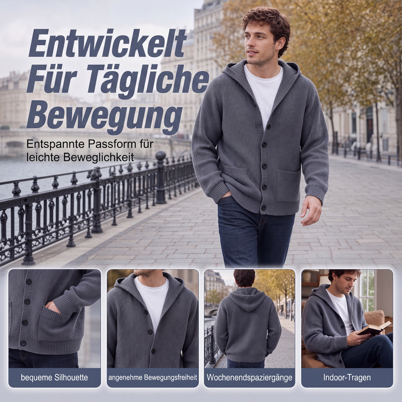 📢📢50%Rabatt!!!🎉✨Gestrickte Kapuzenstrickjacke für Herren, lässige, lockere Strickjacke mit Knöpfen, als Jacke tragbar