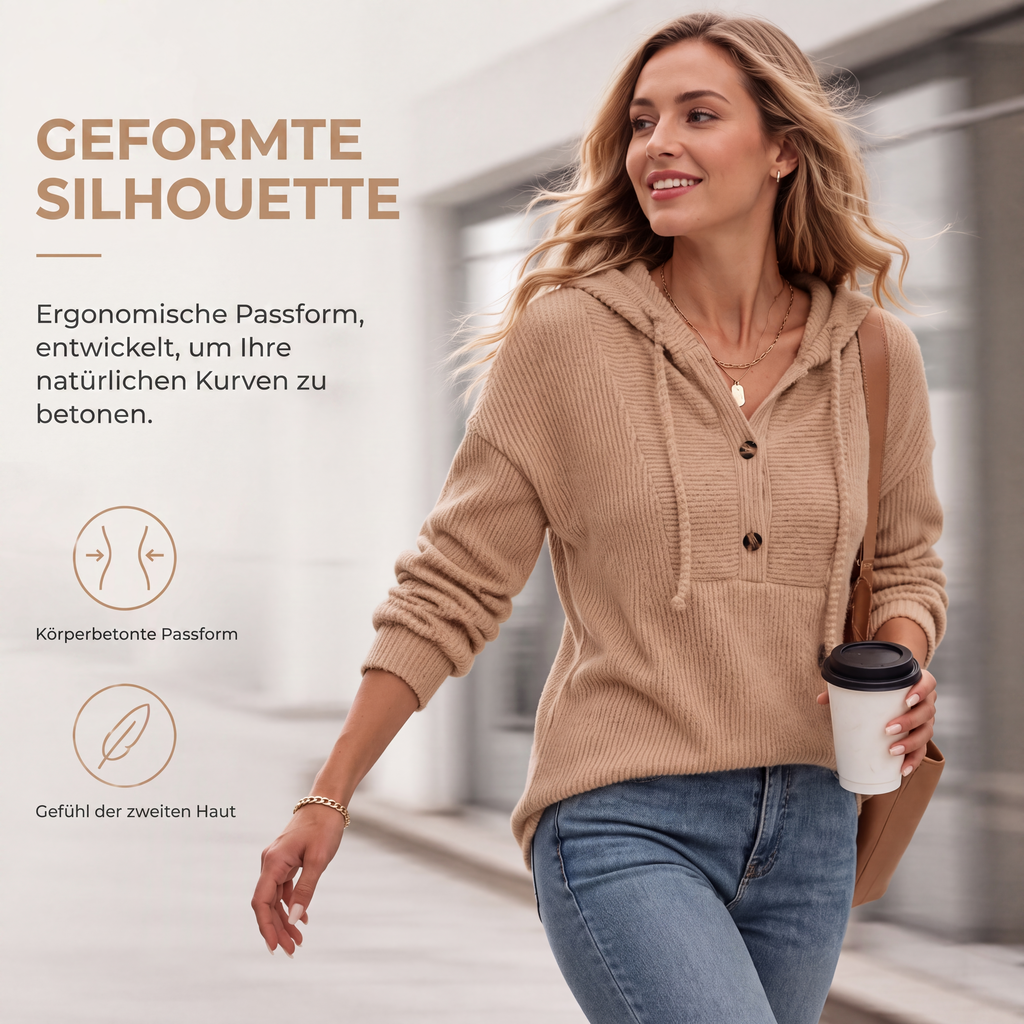 🧶 50 % RABATT | Gemütlich, lässig & vielseitig – Damen Rippstrick-Hoodie mit Knopfdetails