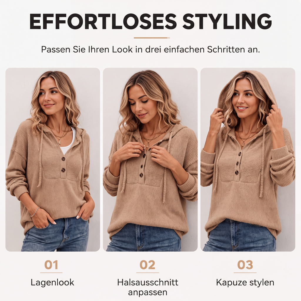 🧶 50 % RABATT | Gemütlich, lässig & vielseitig – Damen Rippstrick-Hoodie mit Knopfdetails