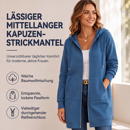 📢📢50%Rabatt!!!🎉✨Mittellange Kapuzen-Sweatjacke für Damen, lässige Strickjacke mit Reißverschluss und Taschen