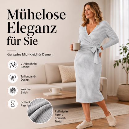 📢📢50%Rabatt!!!🎉✨Elegantes Damen-Rippstrick-Wickelkleid mit V-Ausschnitt und Bindegürtel