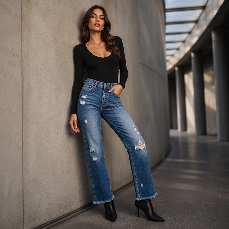 📢📢50%Rabatt!!!🎉✨Damen-Jeans im Used-Look mit geradem Bein