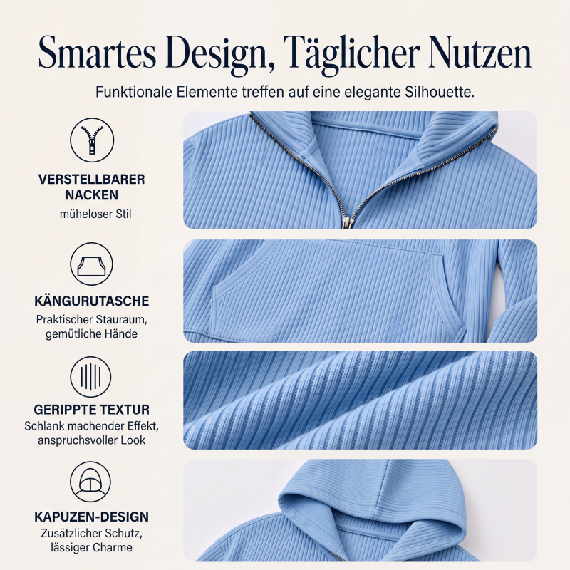 📢📢50%Rabatt!!!🎉✨Legeres geripptes Halb-Reißverschluss-Hoodie für Damen
