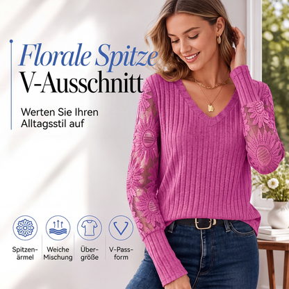 📢📢50%Rabatt!!!🎉✨Langarm-Oberteil aus gebürstetem Rippstoff mit Spitzenbesatz für Damen