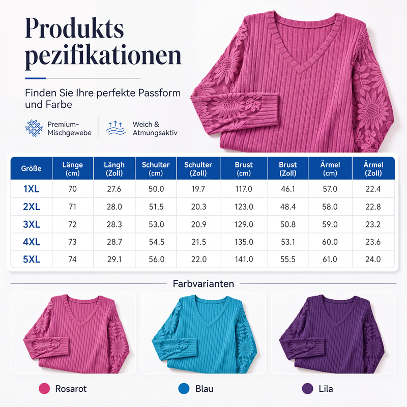 📢📢50%Rabatt!!!🎉✨Langarm-Oberteil aus gebürstetem Rippstoff mit Spitzenbesatz für Damen