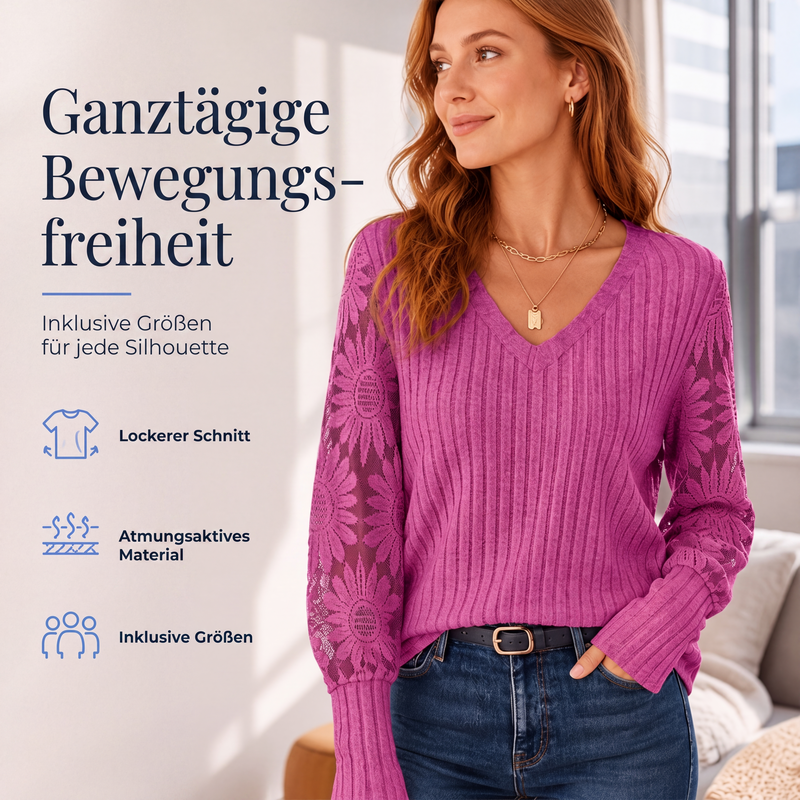 📢📢50%Rabatt!!!🎉✨Langarm-Oberteil aus gebürstetem Rippstoff mit Spitzenbesatz für Damen