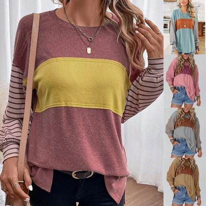 📢📢50%Rabatt!!!🎉✨Trendiges Damen-Langarm-T-Shirt mit Farbblock- und Streifenmuster