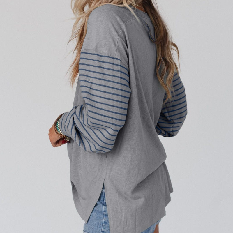 📢📢50%Rabatt!!!🎉✨Trendiges Damen-Langarm-T-Shirt mit Farbblock- und Streifenmuster