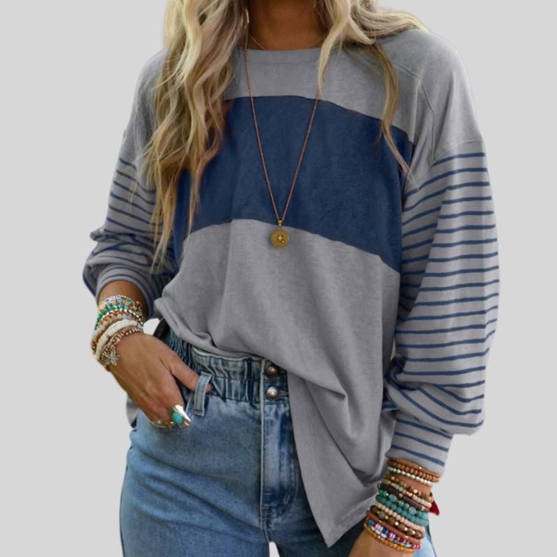 📢📢50%Rabatt!!!🎉✨Trendiges Damen-Langarm-T-Shirt mit Farbblock- und Streifenmuster