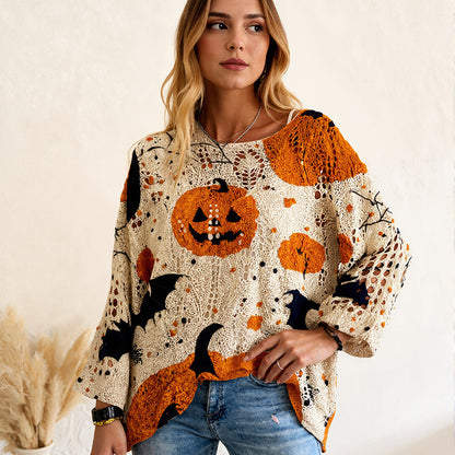 📢📢50%Rabatt!!!🎉✨Damen-Halloween-Strickpullover im lockeren Schnitt mit Fledermausärmel