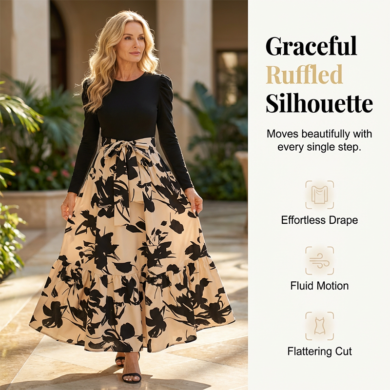 📢📢50%Rabatt!!!🎉✨Damen Maxikleid im A-Linien-Schnitt mit Blumenmuster und langen Ärmeln