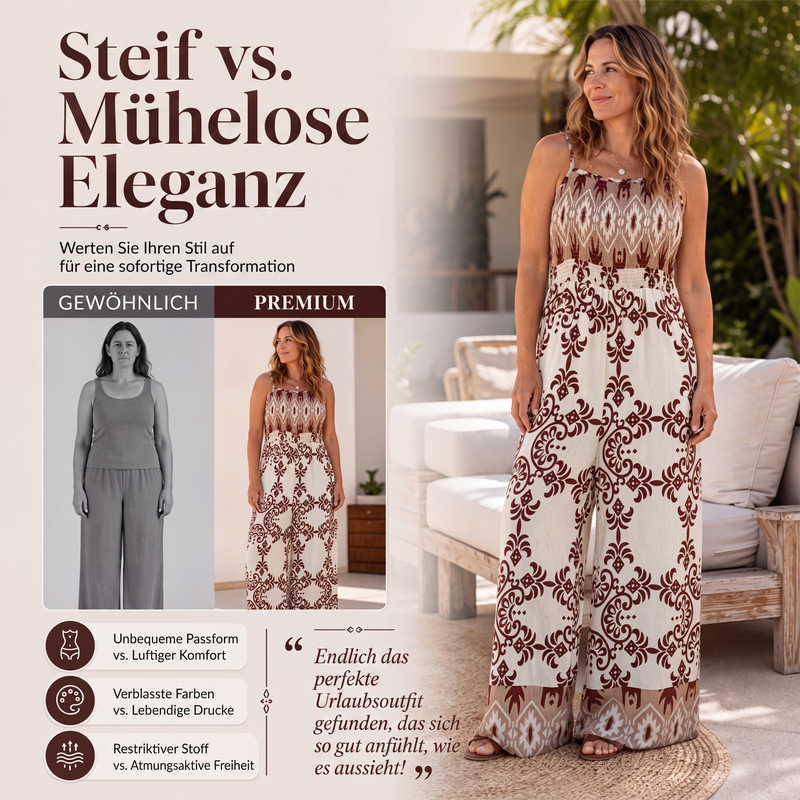 📢📢50%Rabatt!!!🎉✨Boho-Jumpsuit mit Print und Smokbesatz für Damen