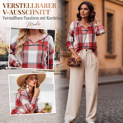 📢📢50%Rabatt!!!🎉✨Karierte Damen-Kapuzenhemden mit langen Ärmeln, Kordelzug und V-Ausschnitt