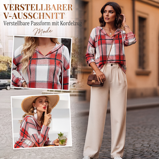 📢📢50%Rabatt!!!🎉✨Karierte Damen-Kapuzenhemden mit langen Ärmeln, Kordelzug und V-Ausschnitt