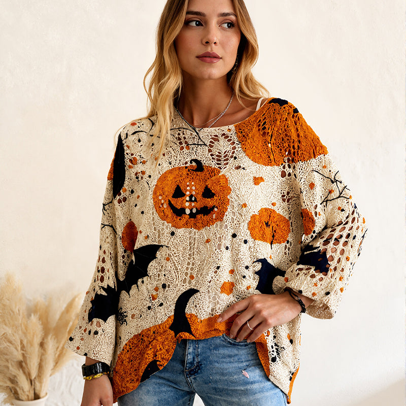📢📢50%Rabatt!!!🎉✨Damen-Halloween-Strickpullover im lockeren Schnitt mit Fledermausärmel