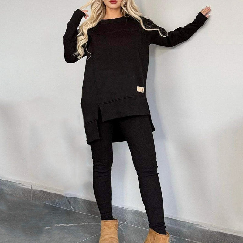 📢📢50%Rabatt!!!🎉✨Zweiteiler aus Sweatshirt mit Schlitz und High-Low-Saum & Bodycon-Hose